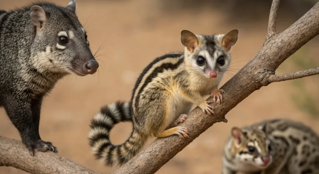 Un ringtail (Bassariscus astutus) pe o ramură, într-un habitat arid.