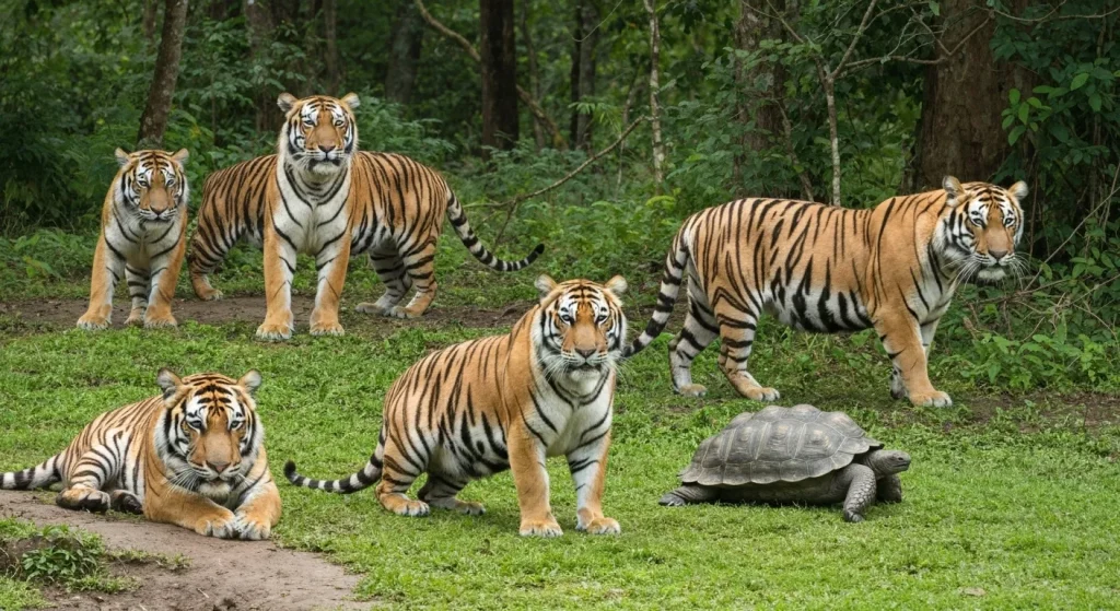 O imagine cu mai mulți tigri adulți sănătoși în habitatul lor natural, în Rezervația Naturală Huai Kha Khaeng din Thailanda.