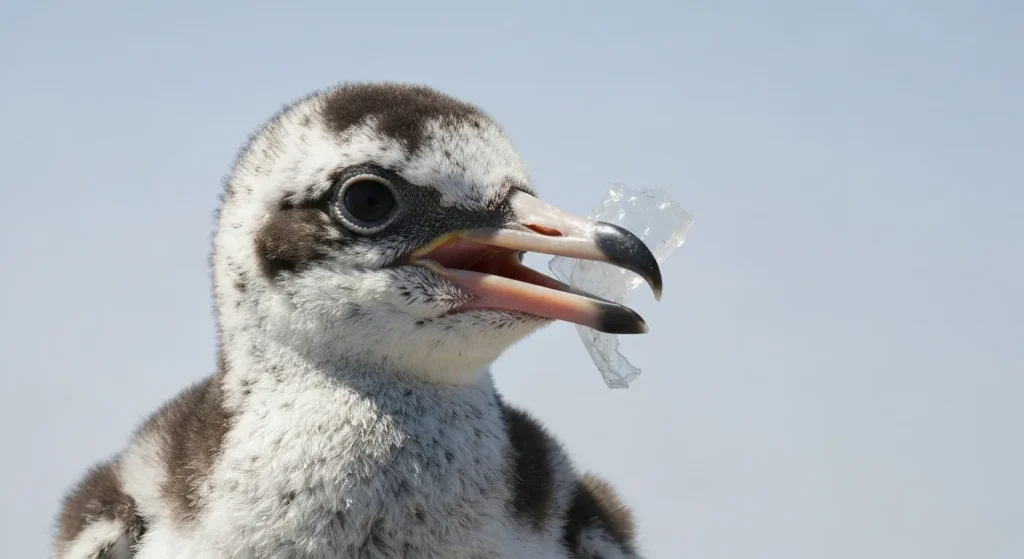 Un pui de albatros cu plastic în stomac.