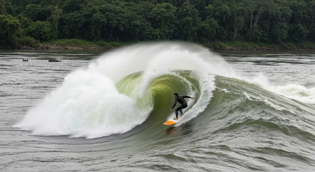 Un surfer pe un val mare într-un râu, cu vegetație de-a lungul malurilor.