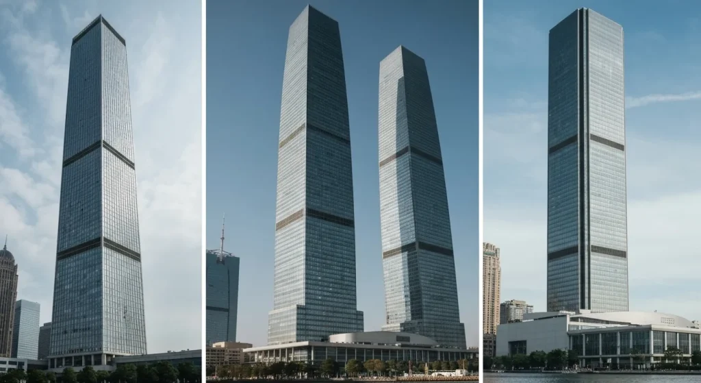 Imagini ale unor clădiri înalte și masive din întreaga lume, inclusiv Burj Khalifa, One World Trade Center și New Century Global Centre.