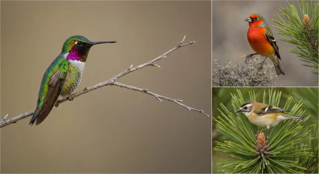 O pasăre colibri minusculă, colorată vibrant, așezată pe o ramură subțire.