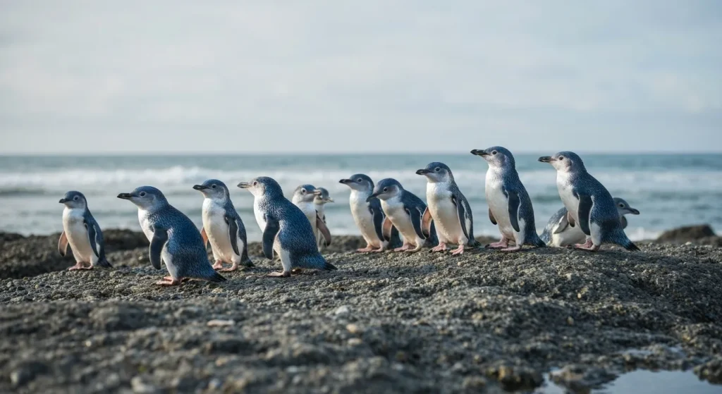 Un grup de pinguini pitici albastru-argintii pe o plajă stâncoasă, lângă apă.