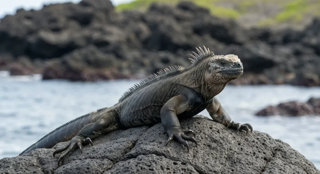 O iguana marină din Galapagos se încălzește la soare pe stânci vulcanice după ce a înotat în ocean.