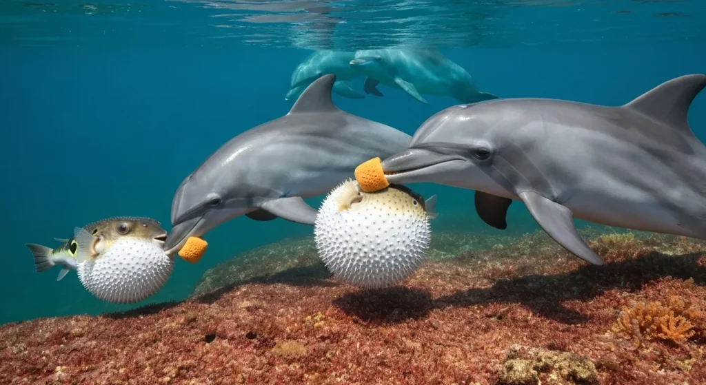 Un grup de delfini interacționează cu un pește balon, un delfin folosește un burete pentru a căuta hrană pe fundul oceanului.