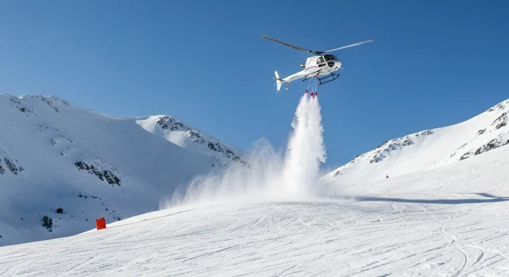 Elicopter transportând zăpadă artificială către o stațiune montană.