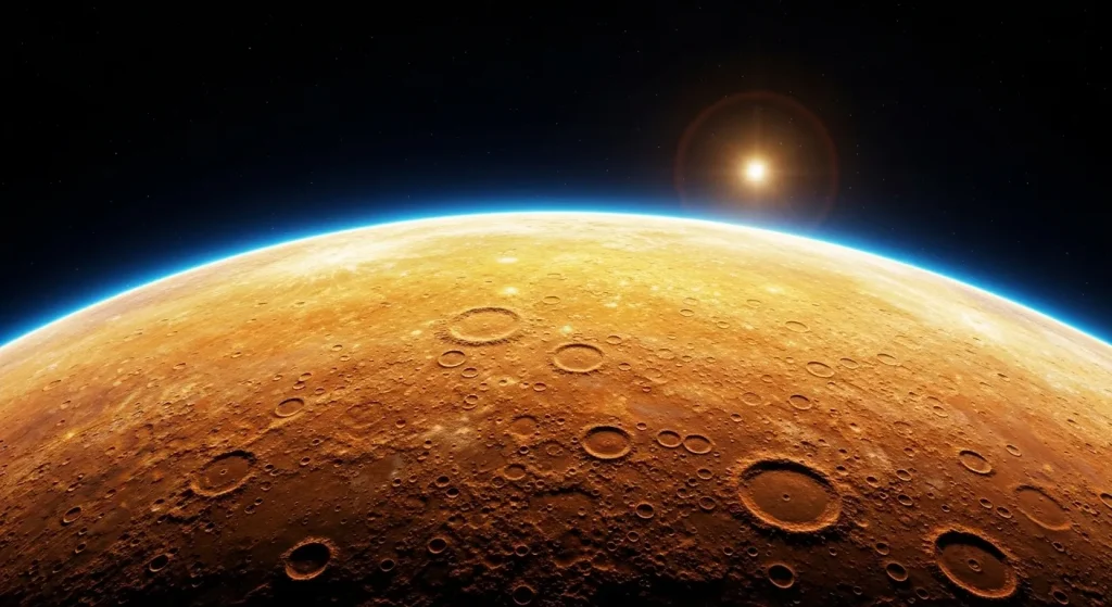 Imagine colorată a suprafeței craterizate a planetei Mercur, cu cratere de diferite dimensiuni și variații de culoare.
