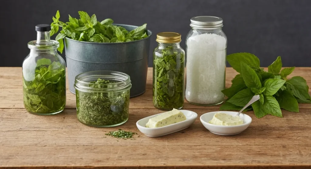 Diverse metode de conservare a ierburilor aromatice: unt compus, pesto congelat, oțet și zahăr infuzate.
