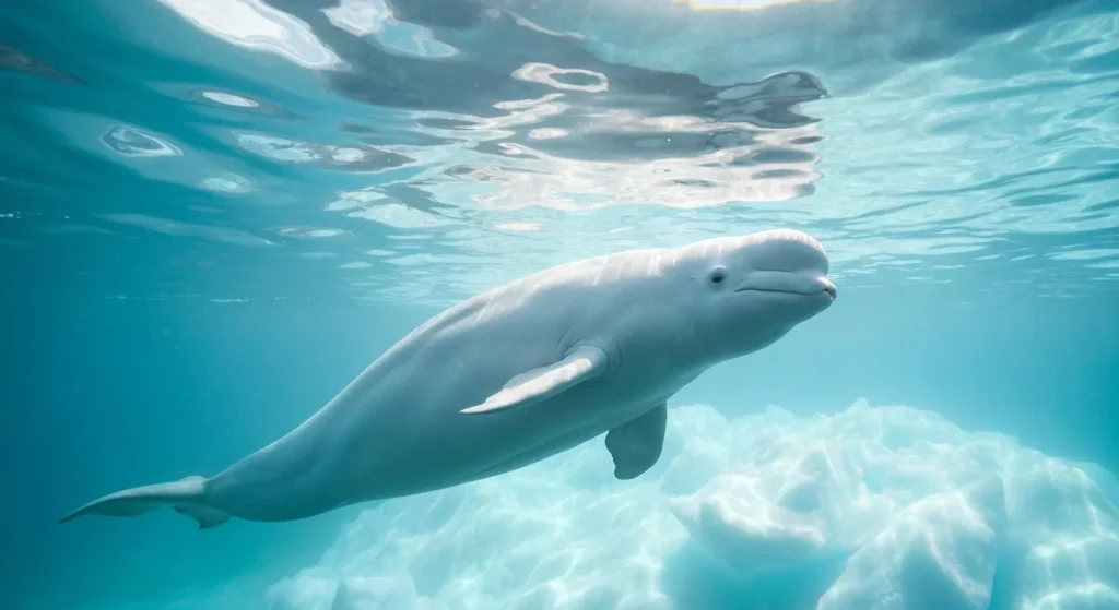 O balenă beluga albă înoată sub un strat de gheață arctică, vizibilă parțial.