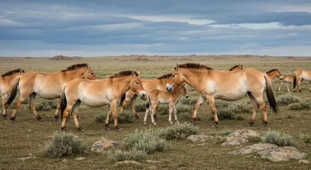 Un grup de cai Przewalski în habitatul lor natural, pe o câmpie cu vegetație rară.