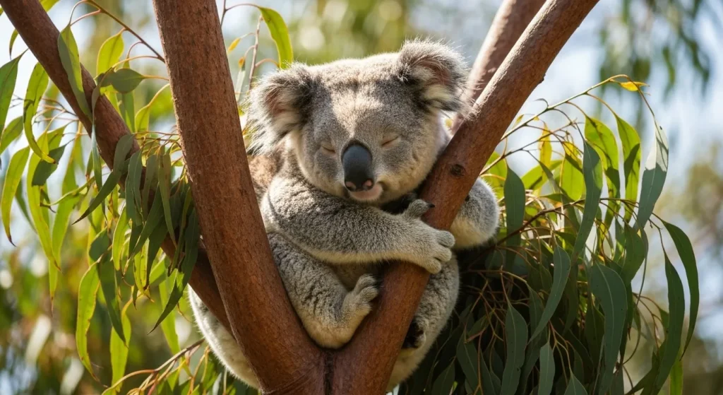 Un koala doarme în ramurile unui eucalipt, cu blana sa groasă.