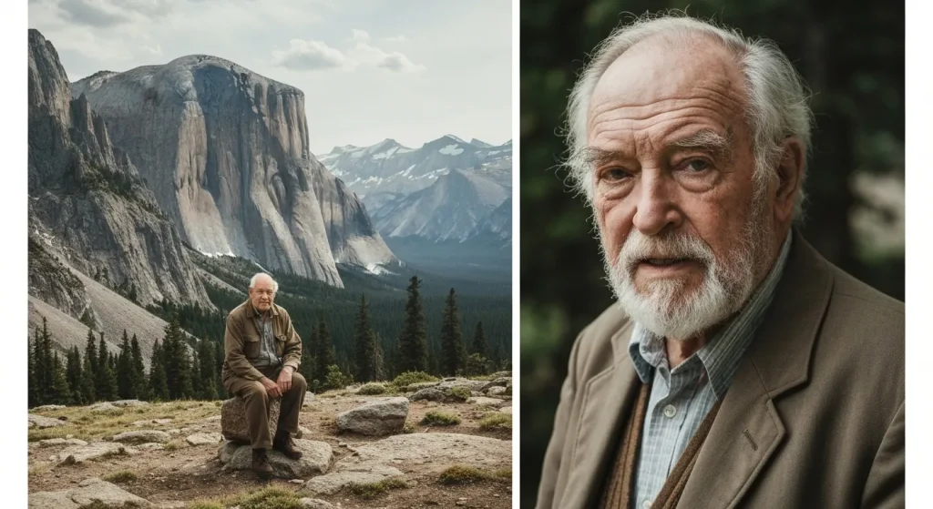 John Muir, în vârstă, stând într-un peisaj montan stâncos, cu o pădure în depărtare.
