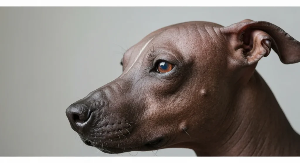Un câine peruvian fără păr, cu pielea netedă și rozalie, este prezentat în prim-plan.