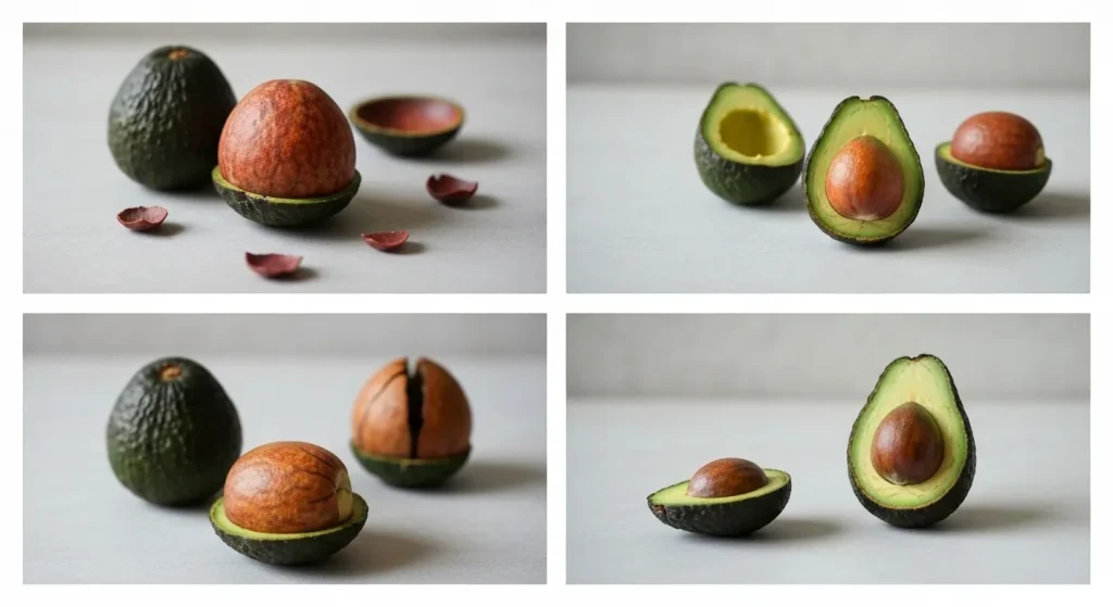 Sâmburi de avocado uscați, sculptați în diverse forme mici.