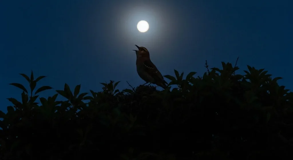 Pasăre nocturnă cântând în habitatul său, sub lumina lunii.