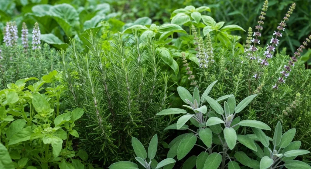 O grădină cu plante aromatice, cum ar fi busuioc, rozmarin și salvie, plantate alături de legume, pentru a respinge dăunătorii.