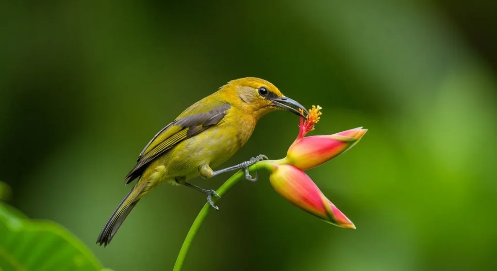 O pasăre-miere hawaiiană cu ciocul său distinctiv, hrănindu-se dintr-o floare colorată într-o pădure tropicală.