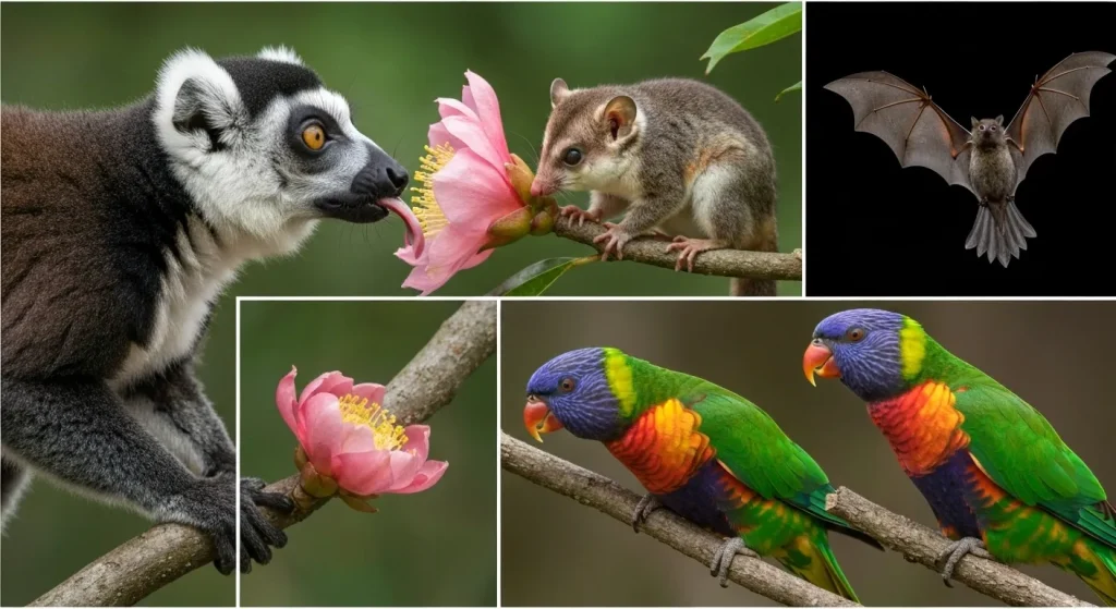 Un lemur cu guler alb-negru se hrănește cu nectar din floarea unui palmier călător.