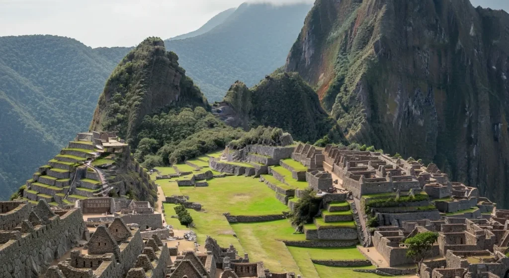 Machu Picchu ruine antice în munți, cu o pistă de aterizare în construcție în depărtare.
