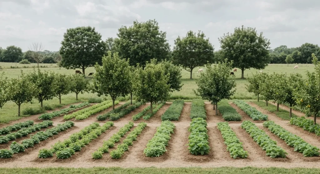 O grădină mică cu pomi fructiferi, plante cultivate și straturi de vegetație, exemplificând principiile agroforesteriei.