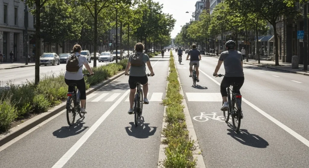 O pistă de biciclete protejată într-un oraș, cu bicicliști pe diverse tipuri de biciclete, inclusiv electrice.