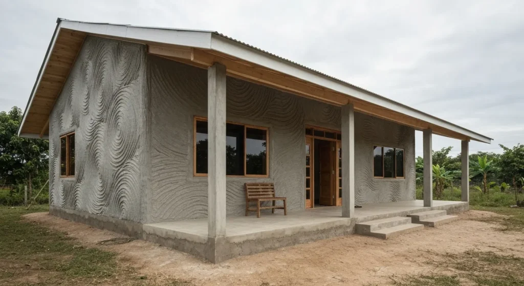 O casă cu un singur nivel, construită cu o imprimantă 3D, având pereți cu textură spiralată, o verandă și un design modern.
