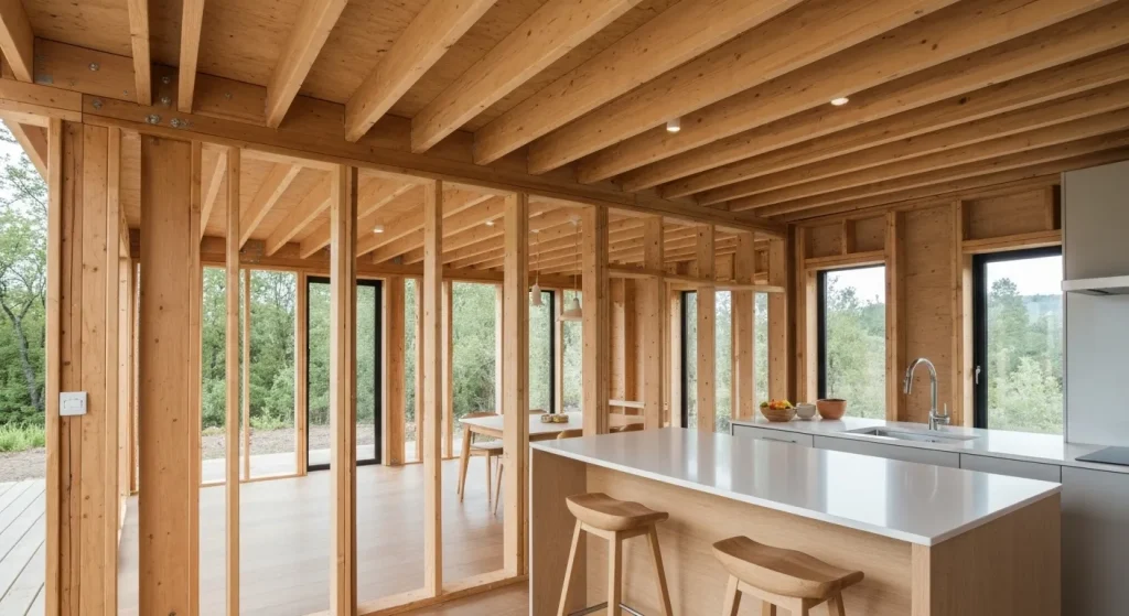 Interiorul unei case prefabricate, cu structură din lemn vizibilă și instalații ușor accesibile.