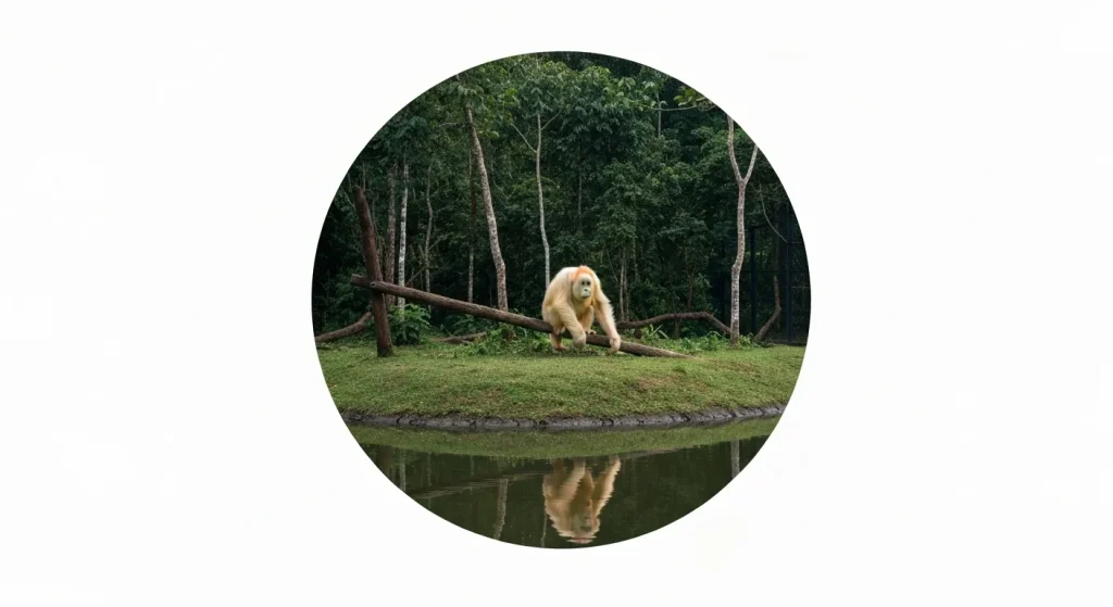 O orangutan albinos, Alba, într-un habitat forestier protejat, înconjurat de apă.