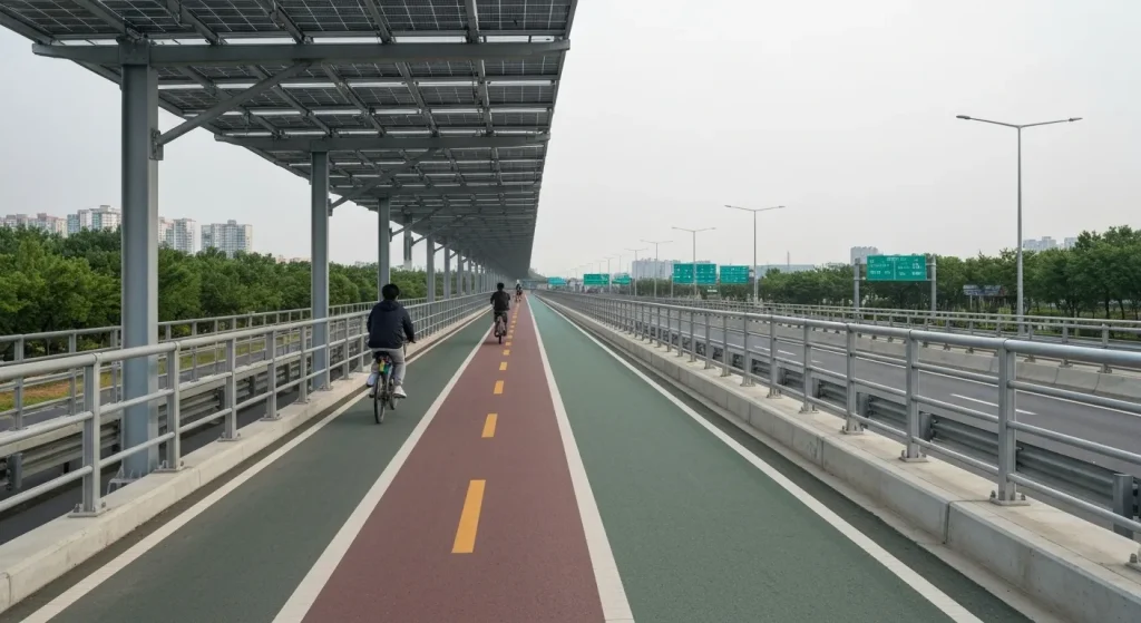 O pistă de biciclete supraterană, cu panouri solare deasupra, separată de o autostradă prin bariere.