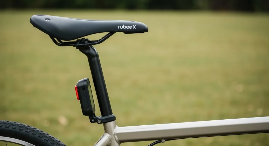 Kit electric Rubbee X montat pe spatele unei biciclete, arătând designul compact și atașamentul la tija șeii.