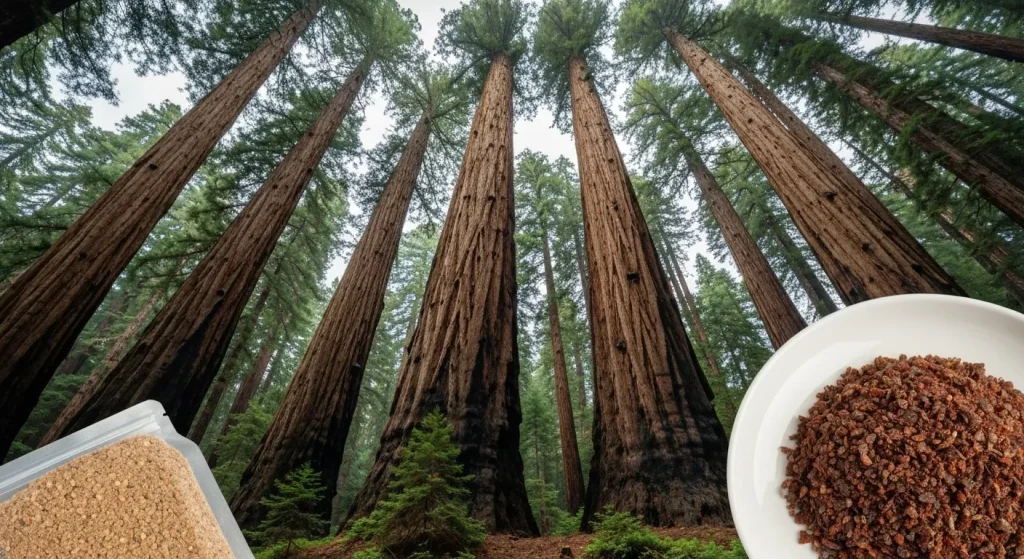 Un grup de arbori Sequoia sempervirens înalți, cu trunchiuri groase, într-o pădure de coastă.