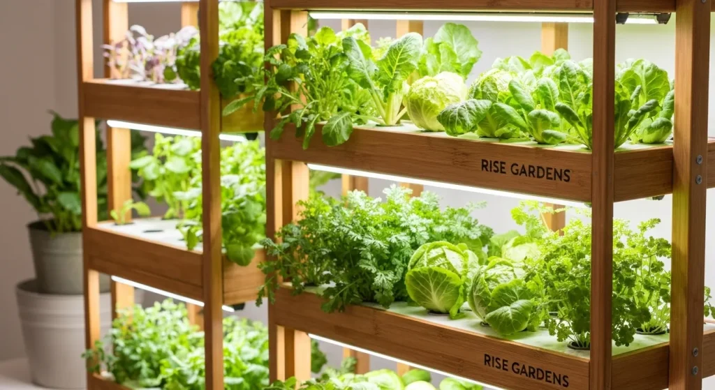 Sistem hidroponic modular din lemn, cu mai multe niveluri, cu plante verzi care cresc în interior.