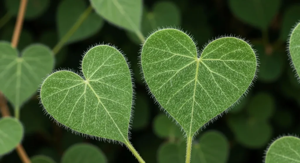 O plantă cu frunze în formă de inimă, verde, acoperită cu peri fini, aproape invizibili.