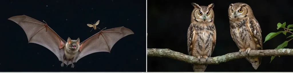 Diverse animale nocturne, inclusiv lilieci, bufnițe și ratoni, în habitatul lor natural, în timpul nopții.