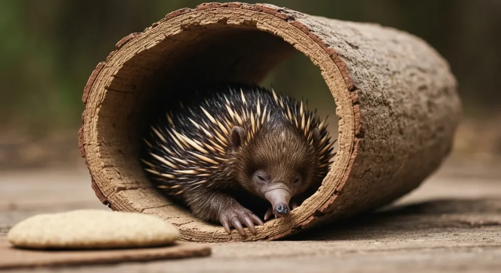 O echidnă dormind într-un trunchi de copac golit.
