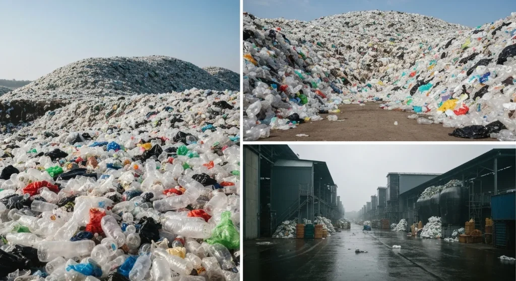 Grămezi mari de deșeuri plastice se acumulează într-un depozit de deșeuri, ca urmare a interzicerii importurilor de deșeuri din China.