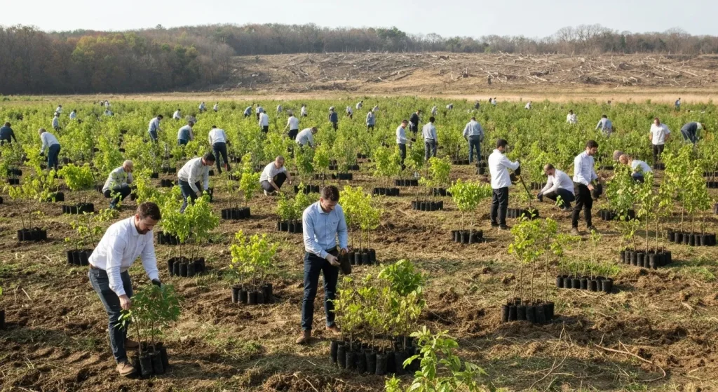 Oameni plantând diferiți arbori într-o zonă degradată, într-un efort colaborativ de reîmpădurire.