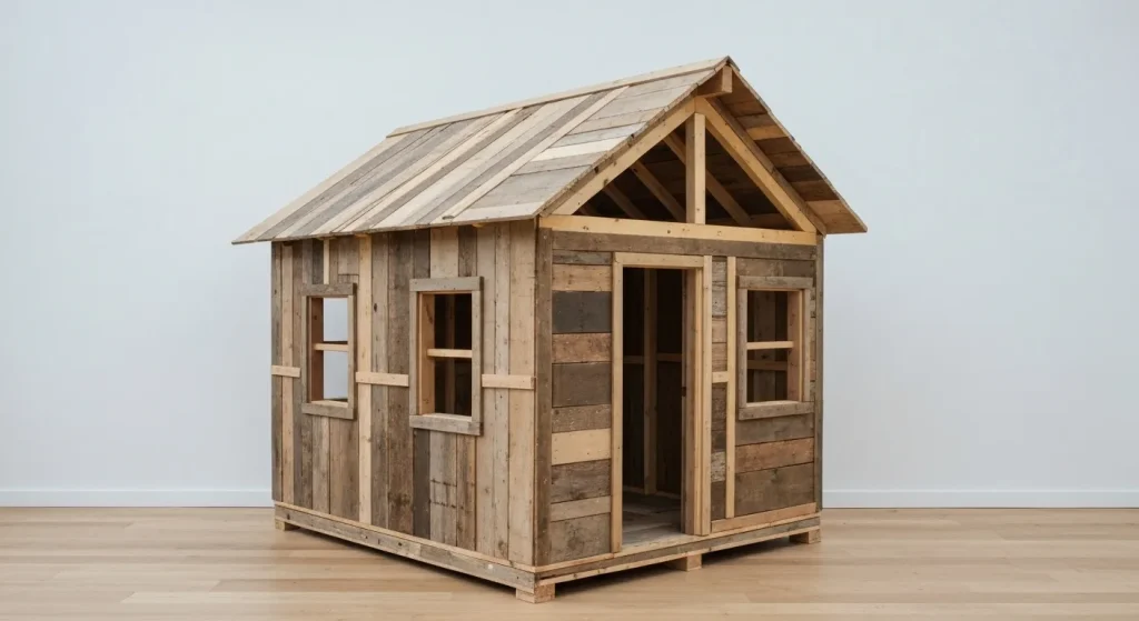 Un atelier de lucru unde participanții deconstruiesc o casă veche pentru a recupera materiale de construcție reutilizabile pentru o casă mică.