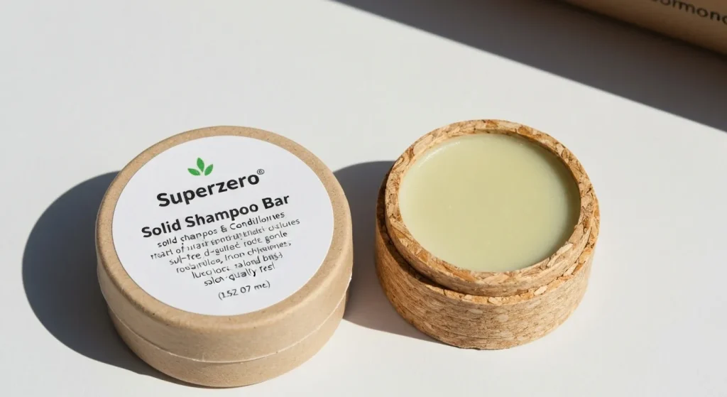 Un săpun solid de păr, ambalat într-o cutie de carton reciclat, alături de o cutie mică de lemn care conține un balsam solid de mâini.