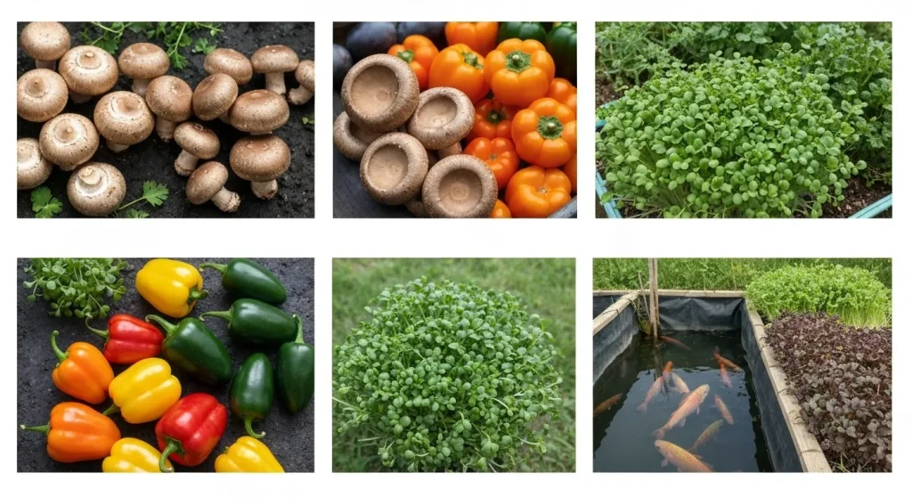 Fermă mică cu diverse culturi de nișă, inclusiv ciuperci, ardei iuți și micro-plante.