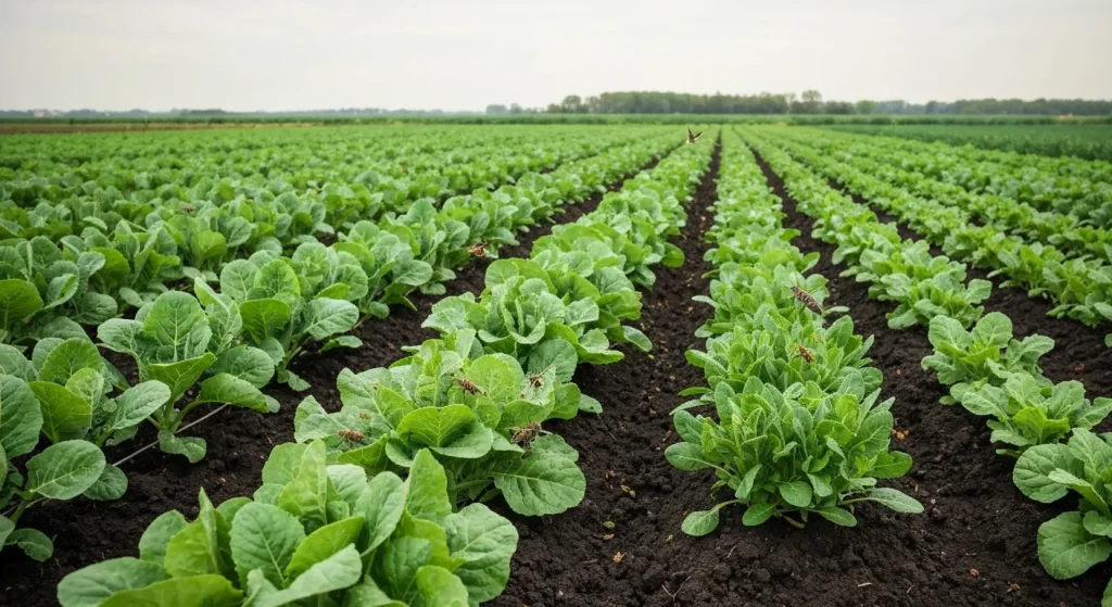 Un câmp verde cu diferite culturi, insecte și păsări, ilustrând practicile agricole ecologice.
