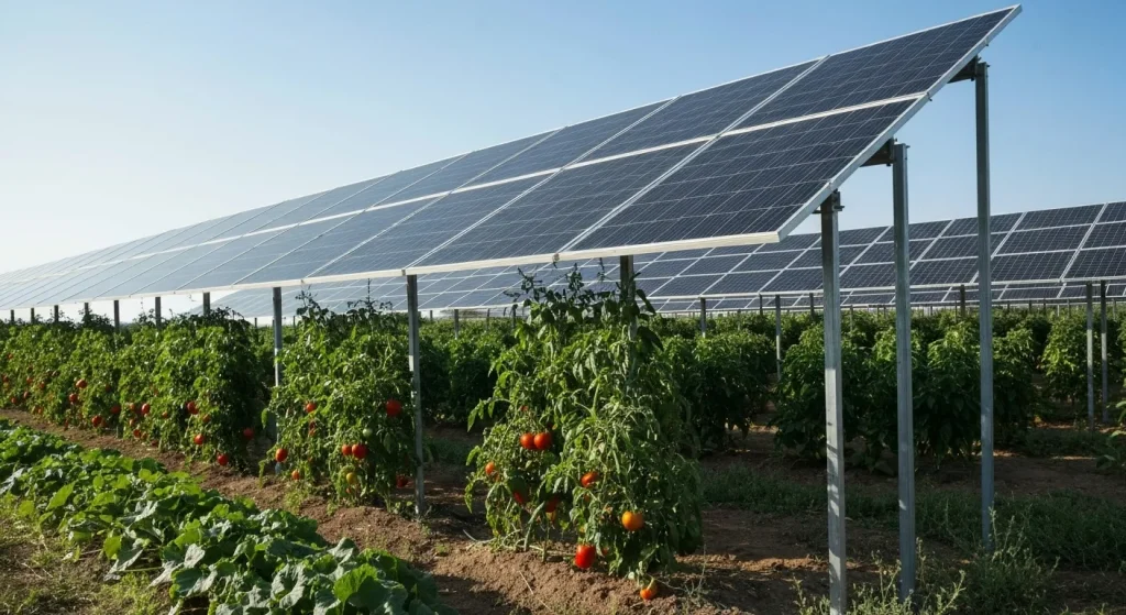 O fermă agrivoltaică din Colorado, cu panouri solare înalte deasupra culturilor diverse.