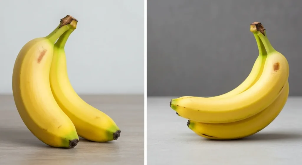 O comparație între o banană Gros Michel și o banană Cavendish, evidențiind diferențele de formă și mărime.