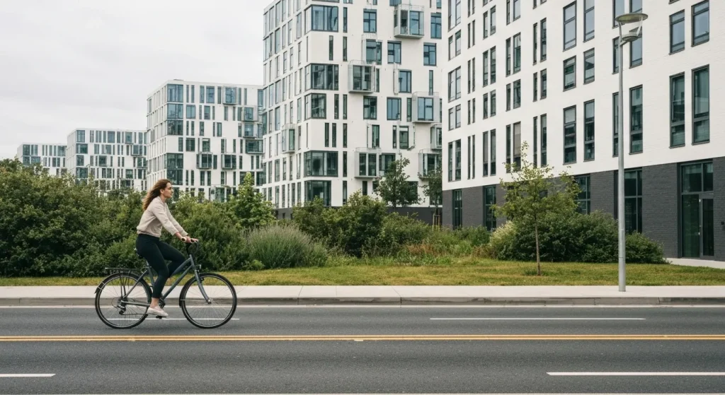 O persoană pe bicicletă, mergând pe o stradă cu clădiri ecologice în fundal.