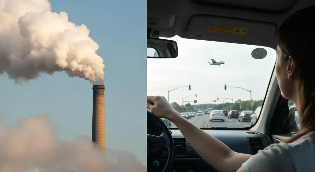 O imagine care prezintă un contrast între o mare fabrică poluantă și o mașină personală care circulă pe o autostradă.