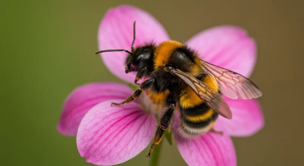 O albină ruginită (Bombus affinis) pe o floare, înconjurată de vegetație.