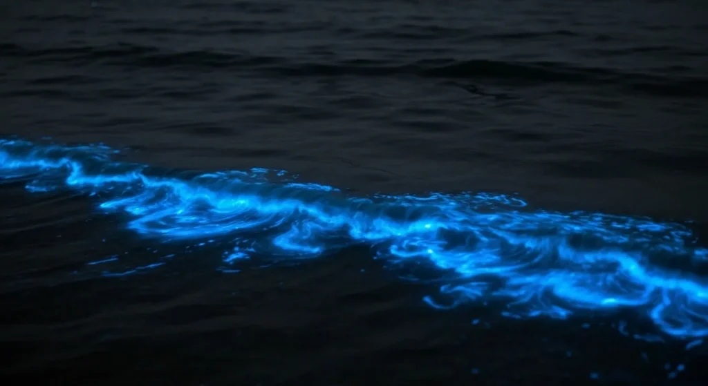 Apă de mare strălucind albastru închis pe timp de noapte, datorită unei înflorituri de alge bioluminiscente.