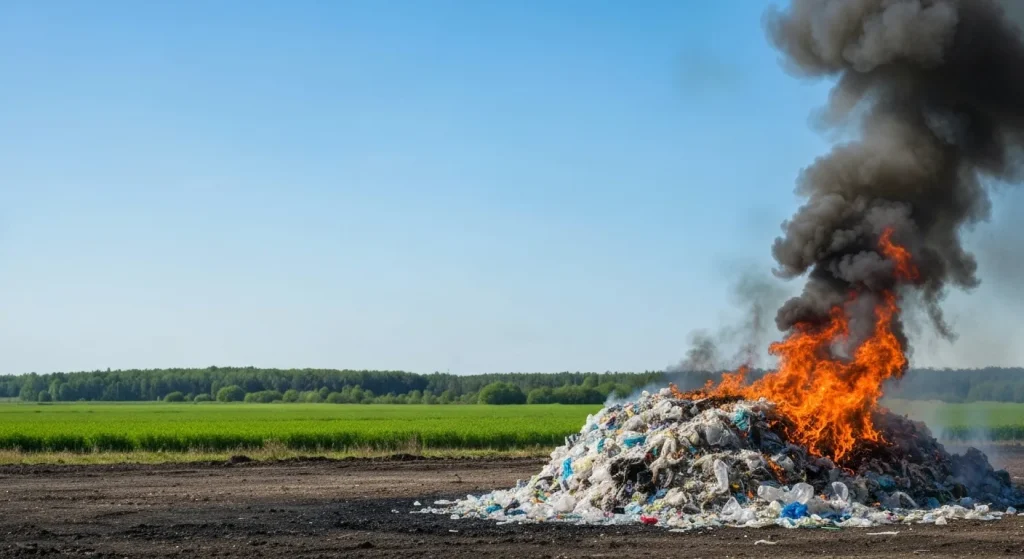 Un morman mare de deșeuri plastice arde, producând fum negru, pe un fundal de peisaj natural curat.