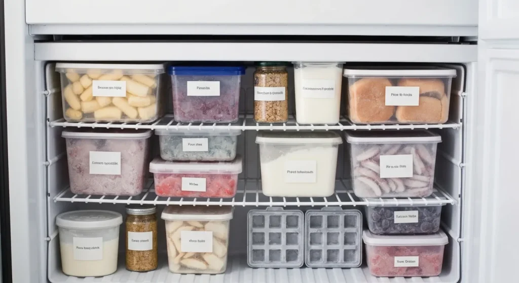 Diverse alimente congelate în recipiente și tăvi de gheață, inclusiv fructe, pâine și sosuri.