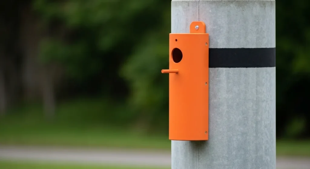 Un design de căsuță pentru păsări integrat pe un stâlp de marcaj utilitar, cu o culoare care indică tipul de utilitate subterană.